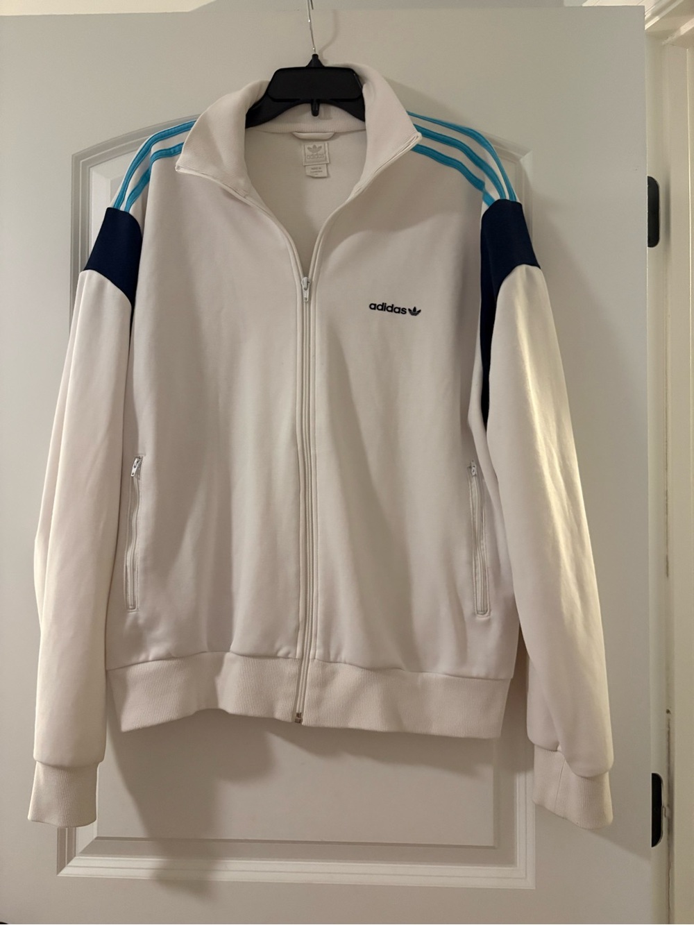 adidas White Track Jacket with Navy and Light Blue Stripes